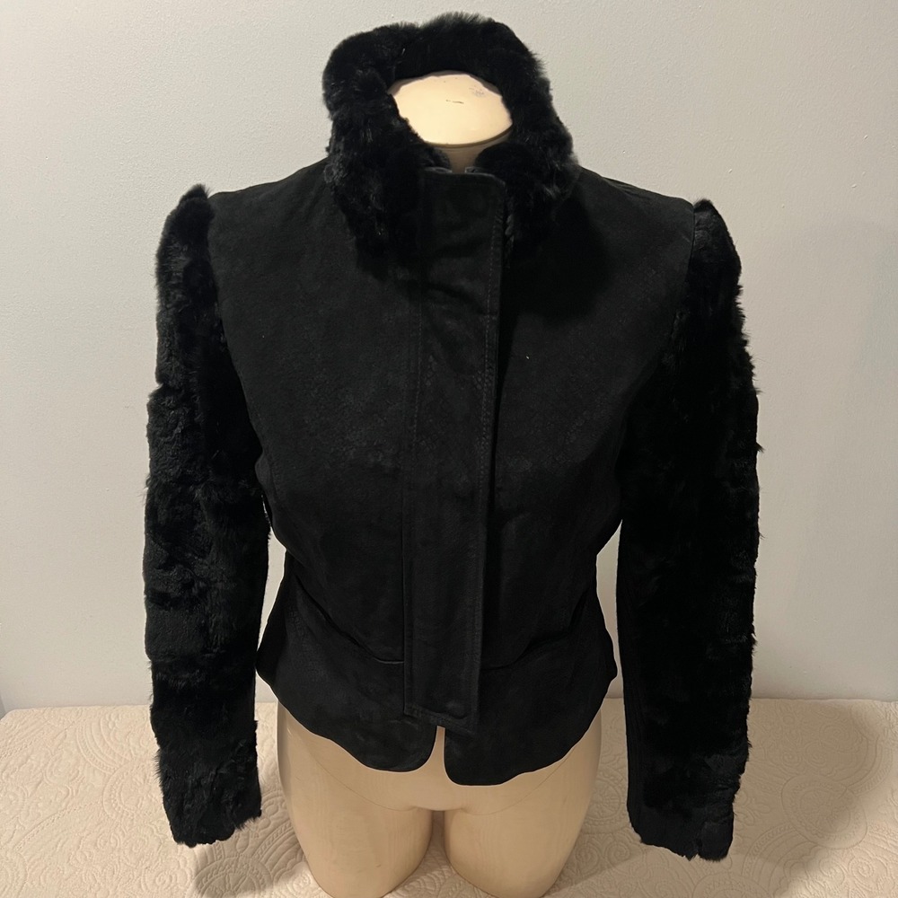 Black Suede Fur Trimmed Moto Jacket Genuine‎ Leather Snake Print Y2K Women's M